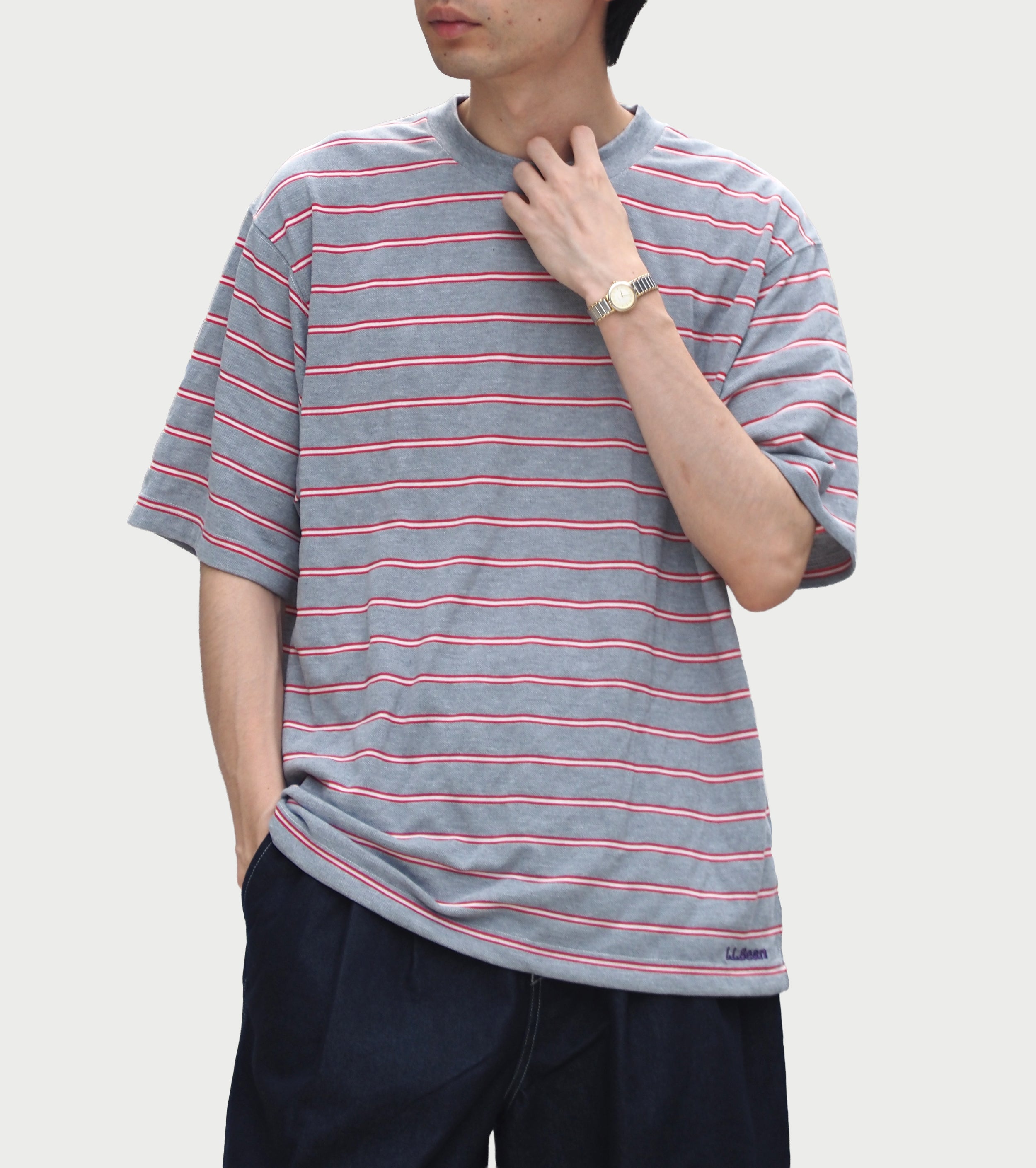 L.L.Bean JAPAN EDITION メンズ クリントン ストライプ ティー , Top Grey × Scarlet × Off