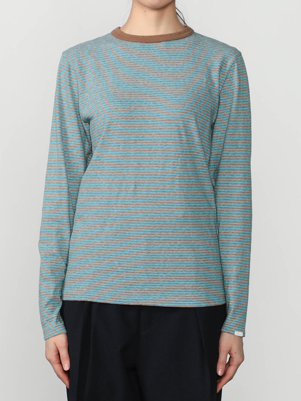 Oblada マルチ ボーダー ロング ティーシャツ , Chocomint