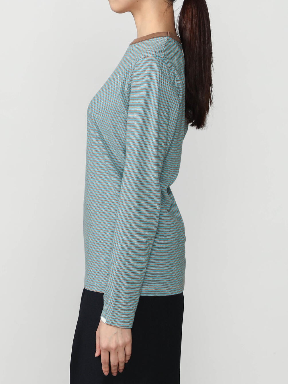 Oblada マルチ ボーダー ロング ティーシャツ , Chocomint