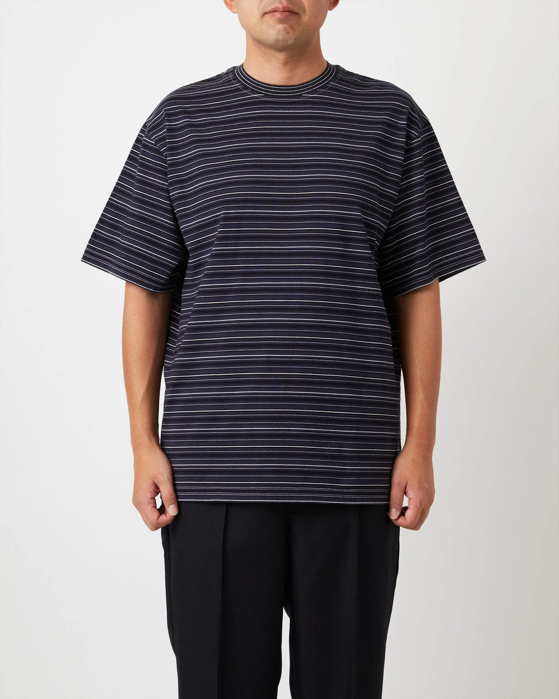 Yonetomi GARMENT DYED RAMDOM BORDER T-SHIRT ,  Black Navy × White