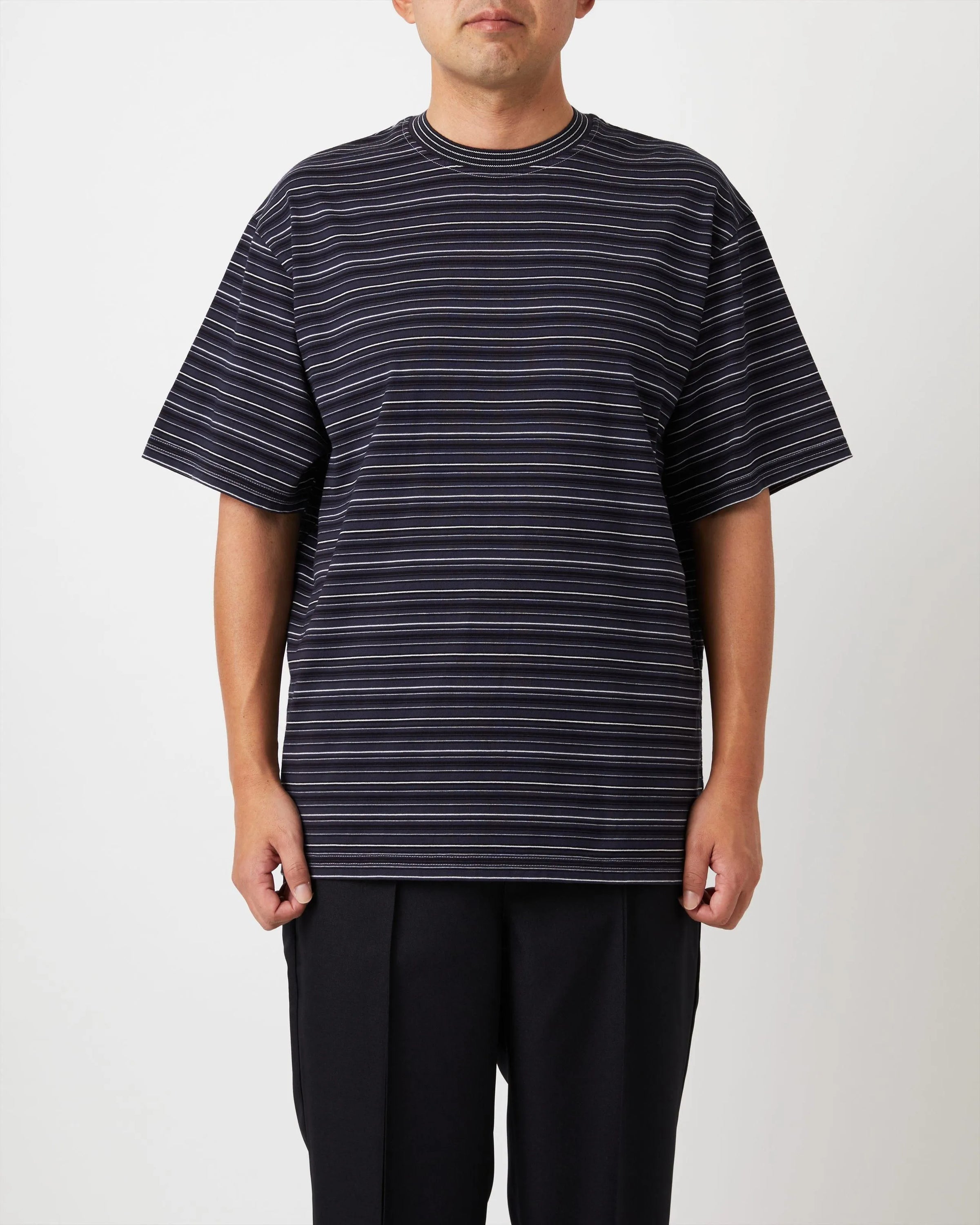 Yonetomi GARMENT DYED RAMDOM BORDER T-SHIRT ,  Black Navy × White