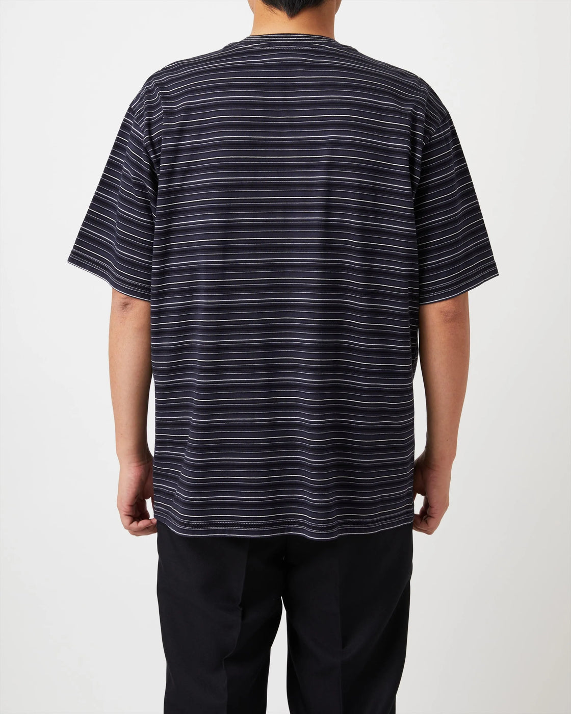 Yonetomi GARMENT DYED RAMDOM BORDER T-SHIRT ,  Black Navy × White