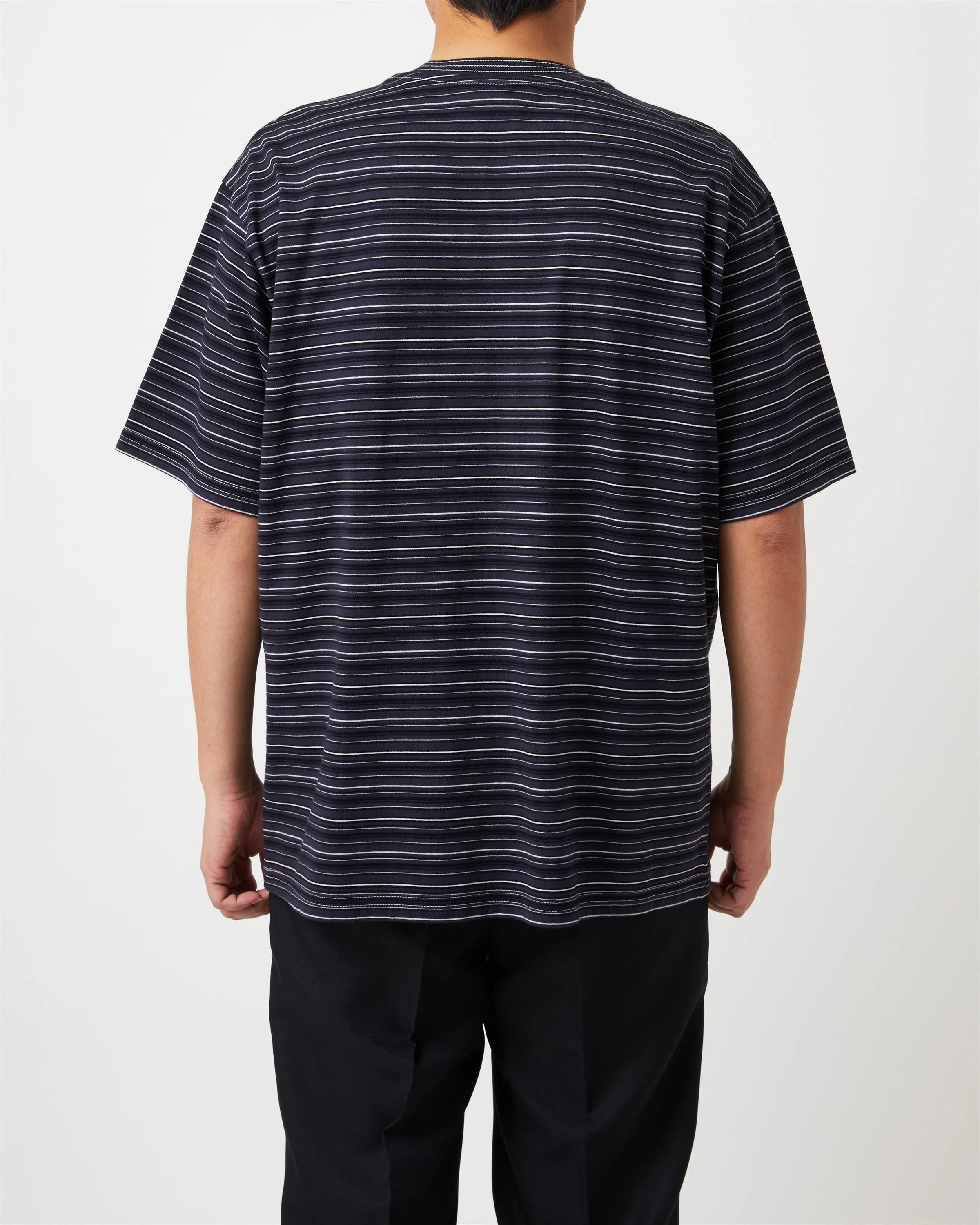 Yonetomi GARMENT DYED RAMDOM BORDER T-SHIRT ,  Black Navy × White