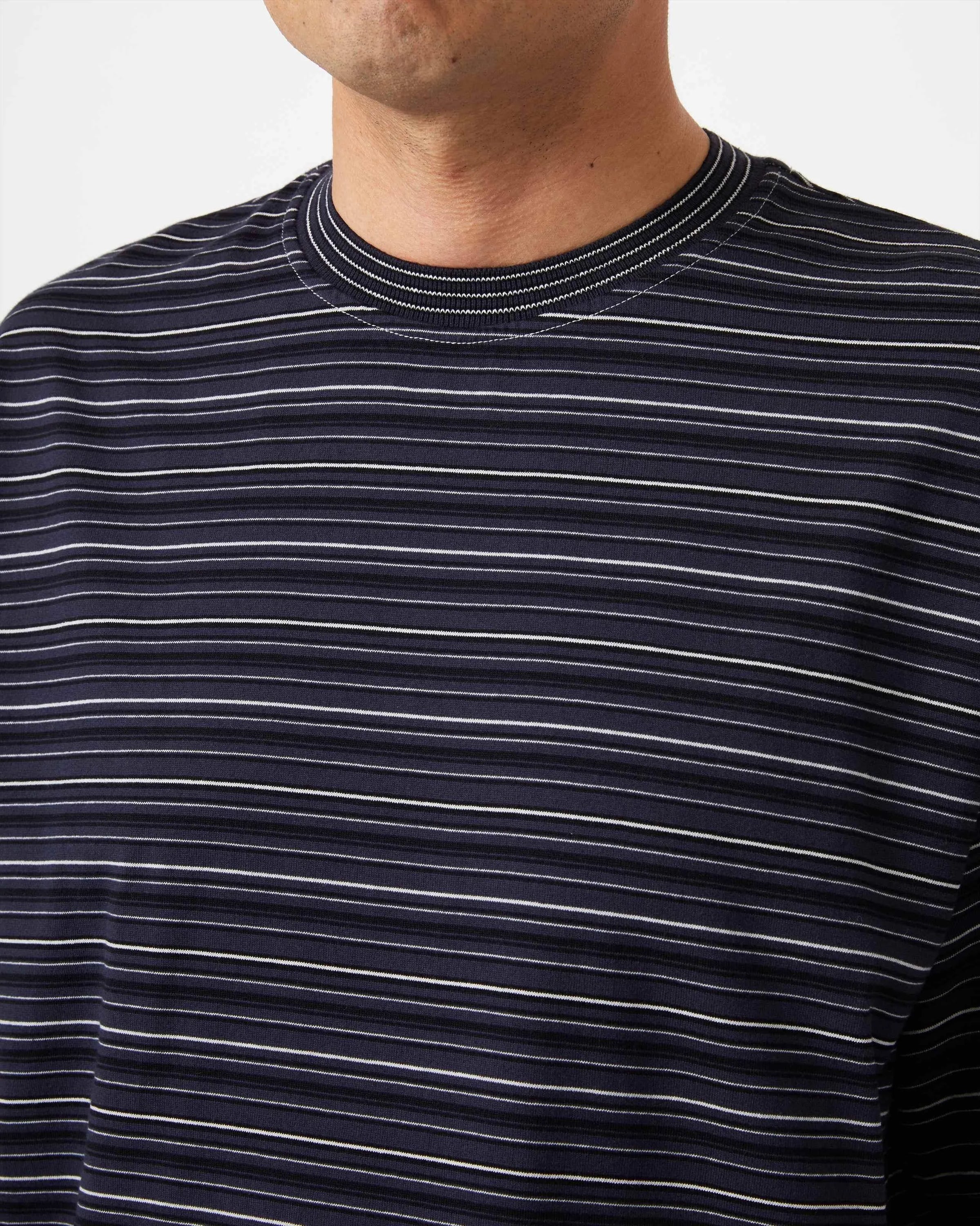 Yonetomi GARMENT DYED RAMDOM BORDER T-SHIRT ,  Black Navy × White