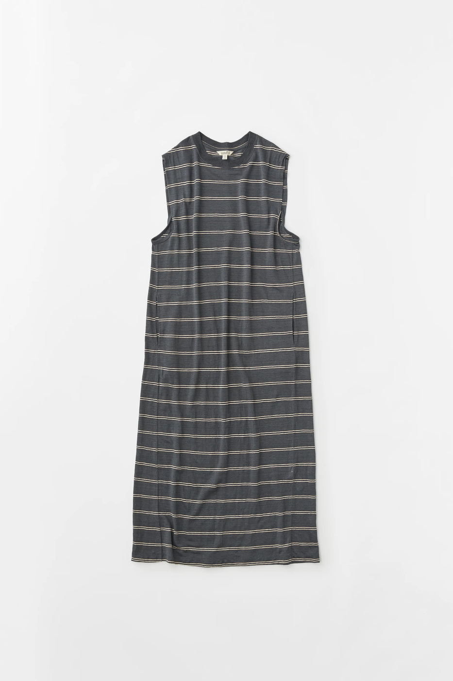 Unfil hemp striped jersey sleeveles T-dress , Dark Blue Stripe