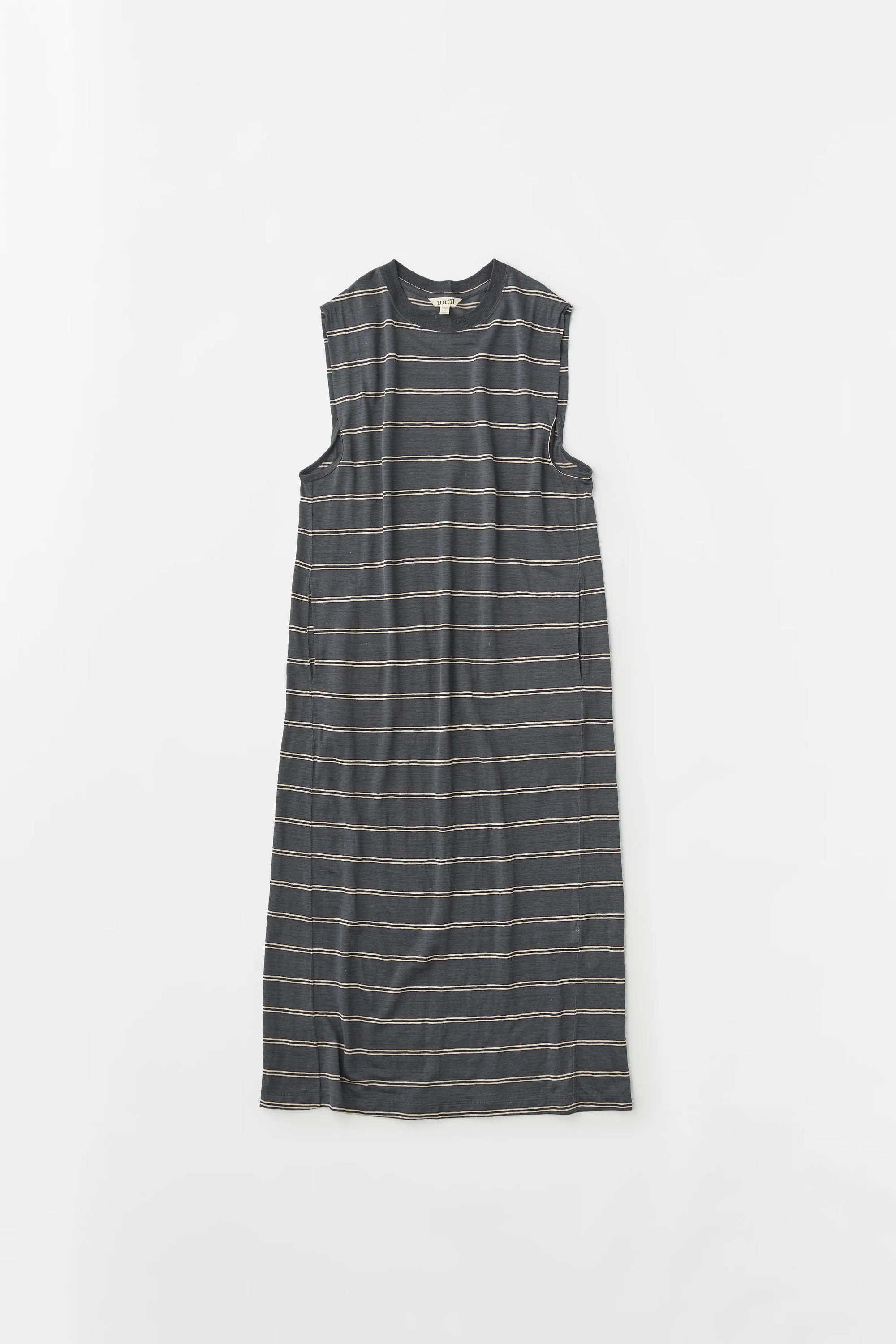 Unfil hemp striped jersey sleeveles T-dress , Dark Blue Stripe