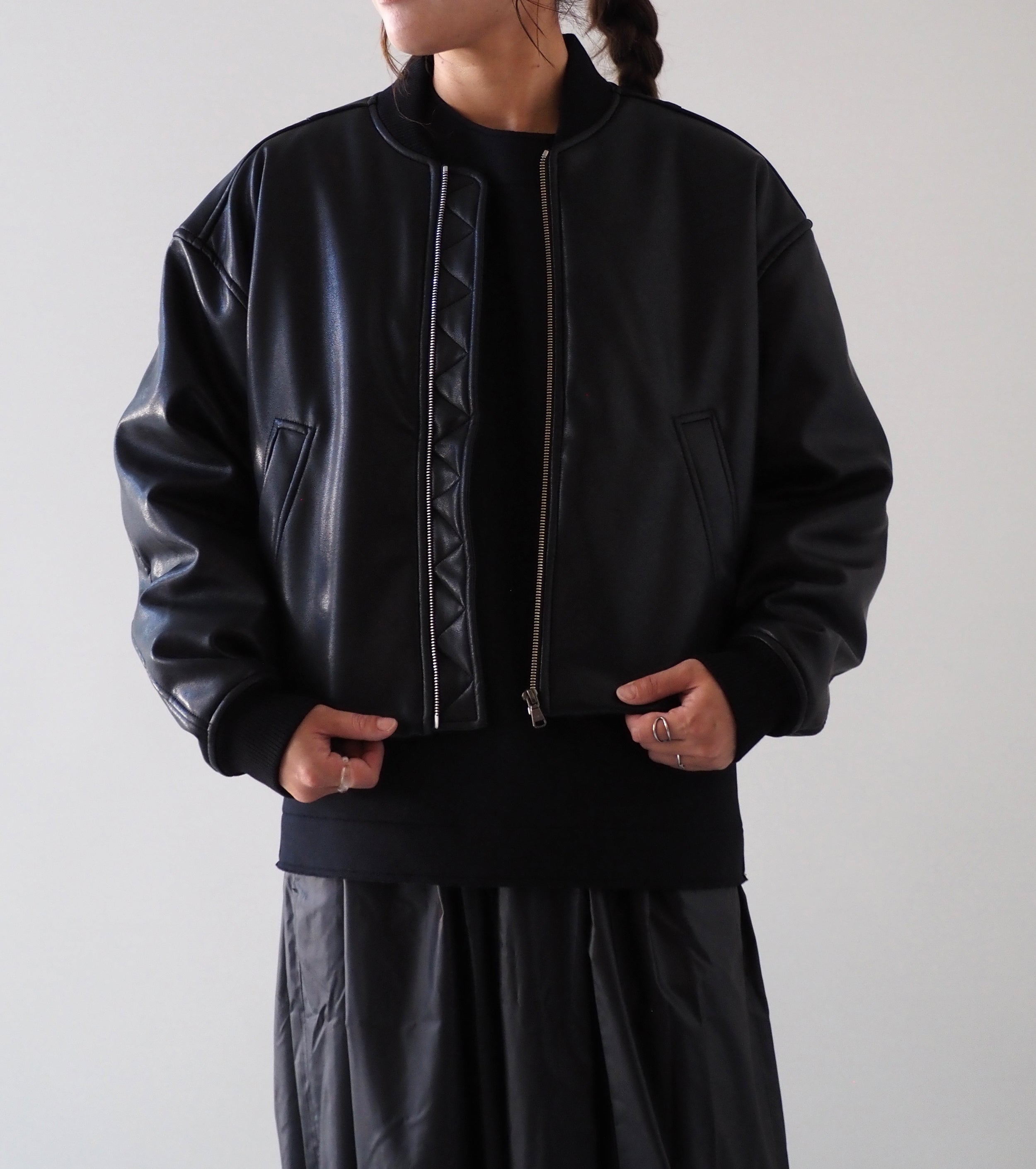ALWEL フェイク レザー パテッド ボンバー ジャケット , Black