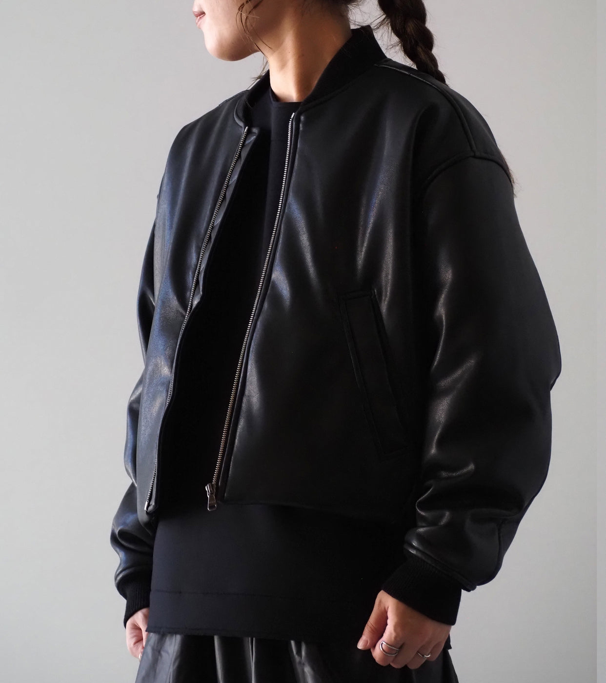 ALWEL フェイク レザー パテッド ボンバー ジャケット , Black