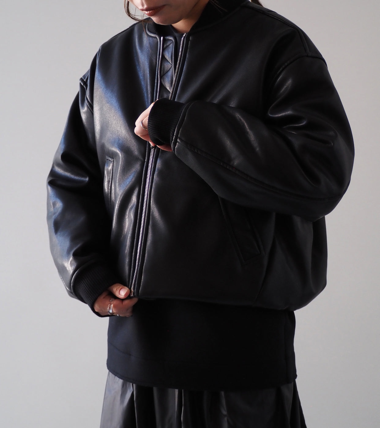 ALWEL フェイク レザー パテッド ボンバー ジャケット , Black
