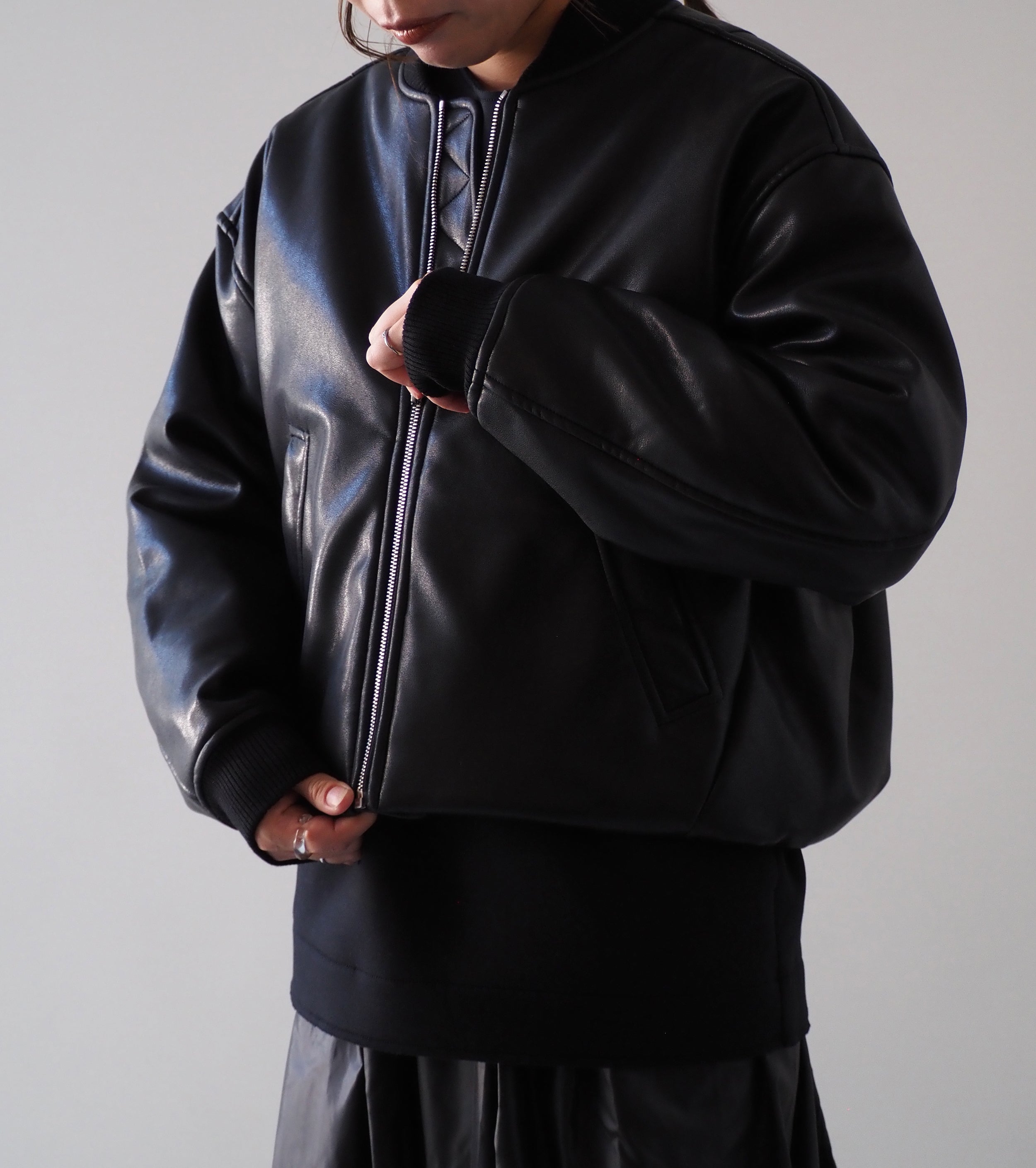 ALWEL フェイク レザー パテッド ボンバー ジャケット , Black