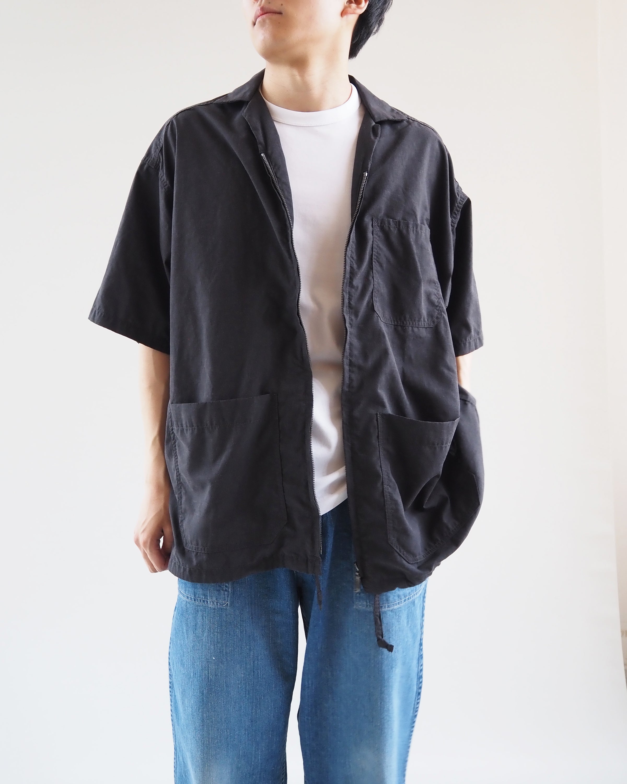 Polyester Linen Field Half-Sleeve Zip Shirt, Black