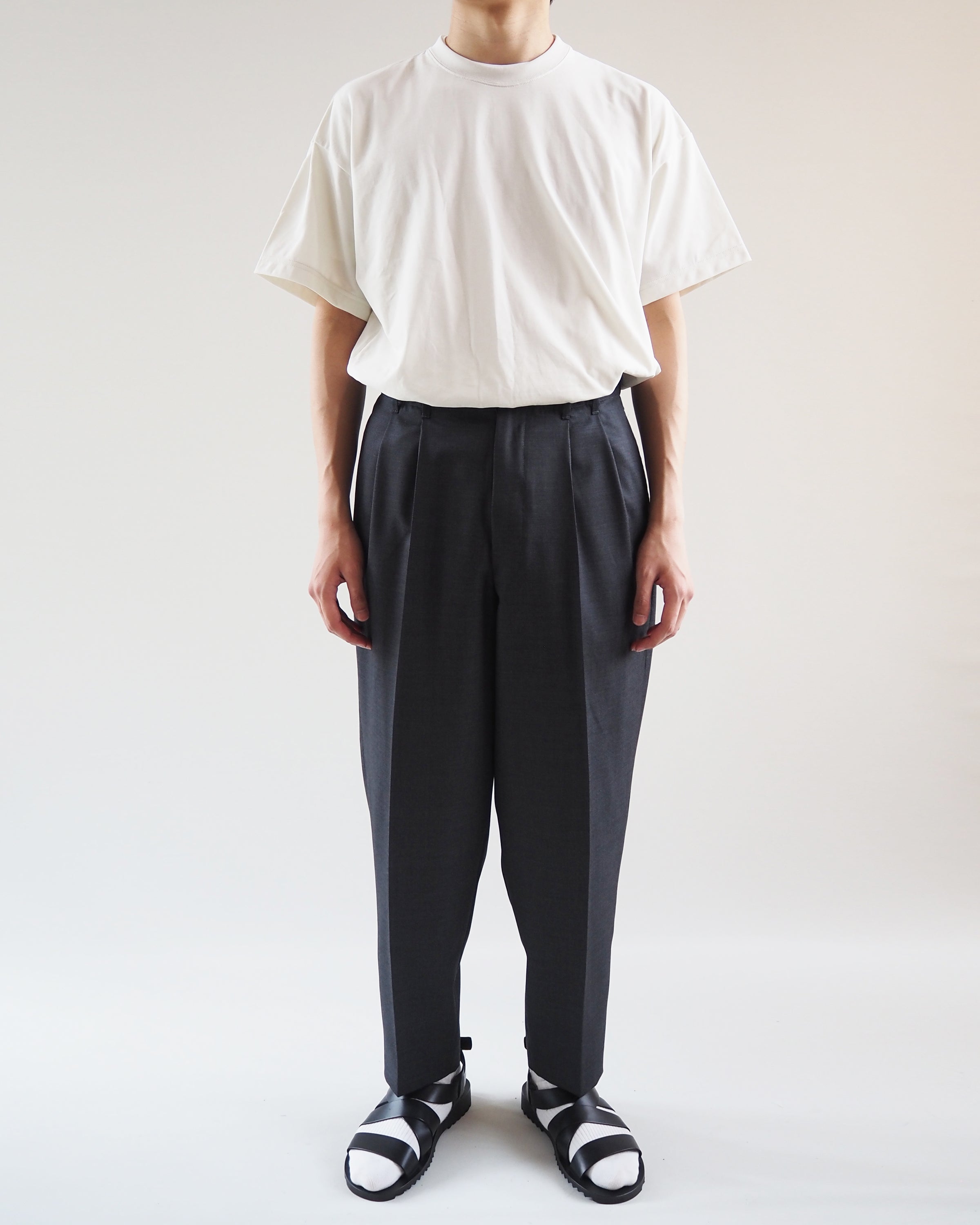 Summer Wool Gabardine Two-Tuck Wide Tapered Pants, Charcoal Top