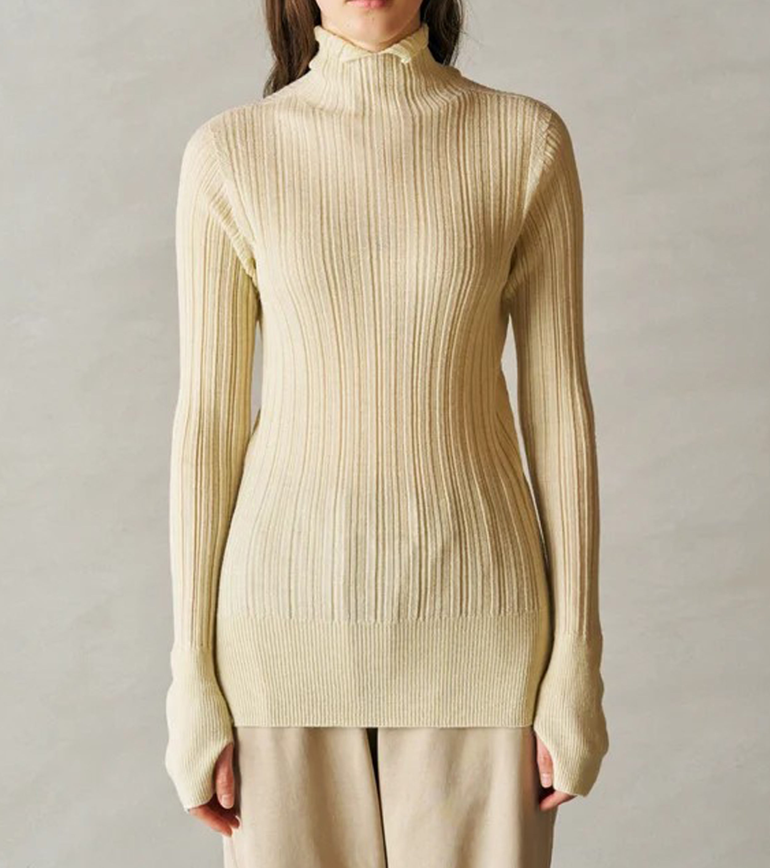 Unfil royal baby alpaca random ribbed-knit high-neck sweater , Pale Lemon Yellow