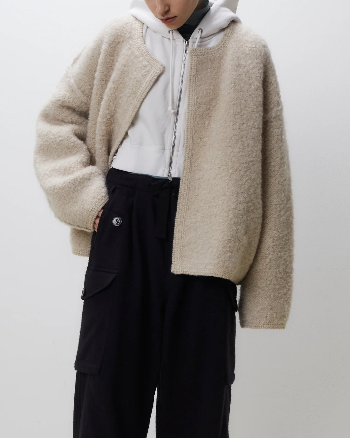 mohair & shetland wool jumbo loop knit jacket,, Ivory