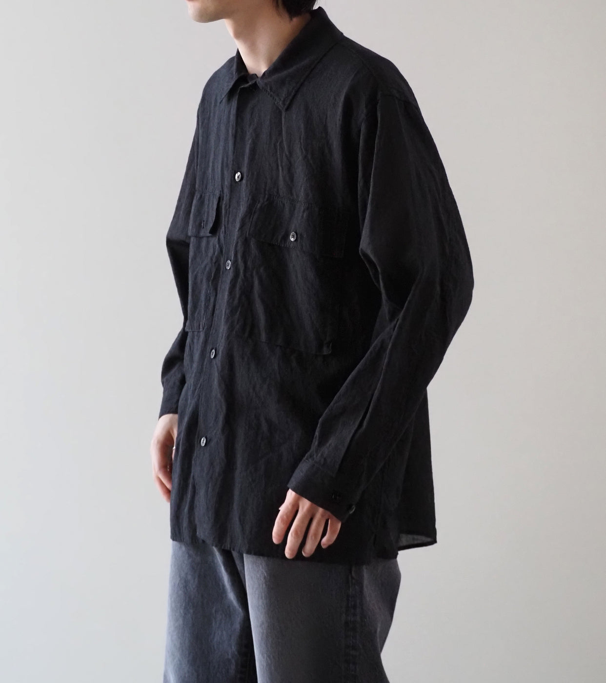 blurhms ブラームス シルクコットン ヴォイル ミリタリーシャツ , Heather Charcoal