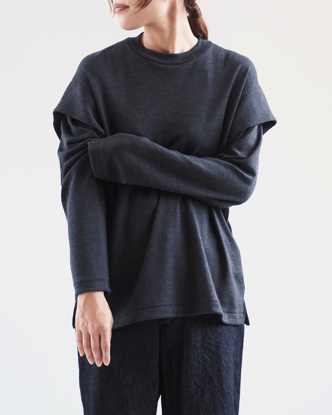 Wool Tucked Shoulder Pullover,Heather Charcoal