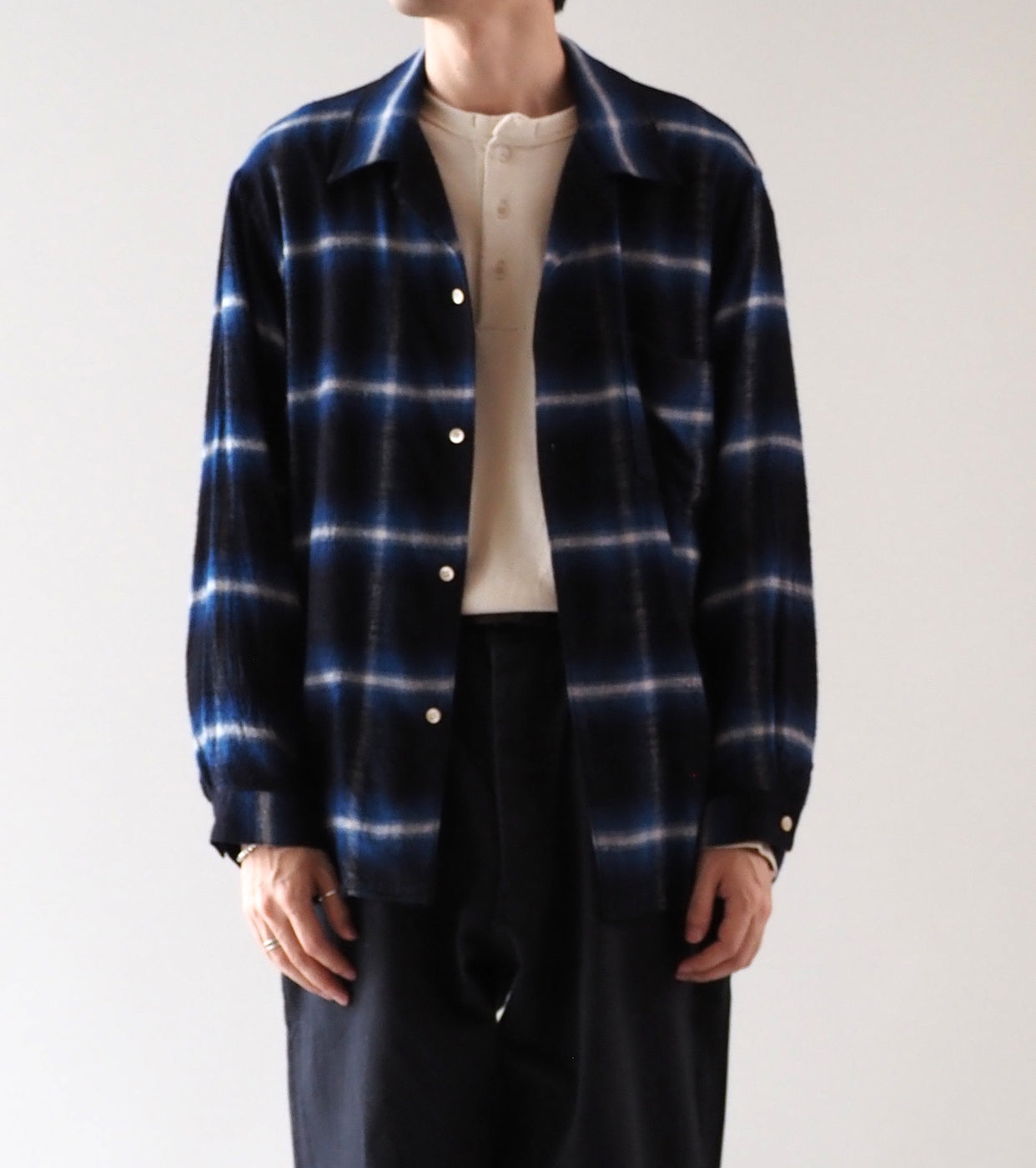 blurhms Cotton Rayon Ombre Open-collar Shirt L/S, Dark Navy