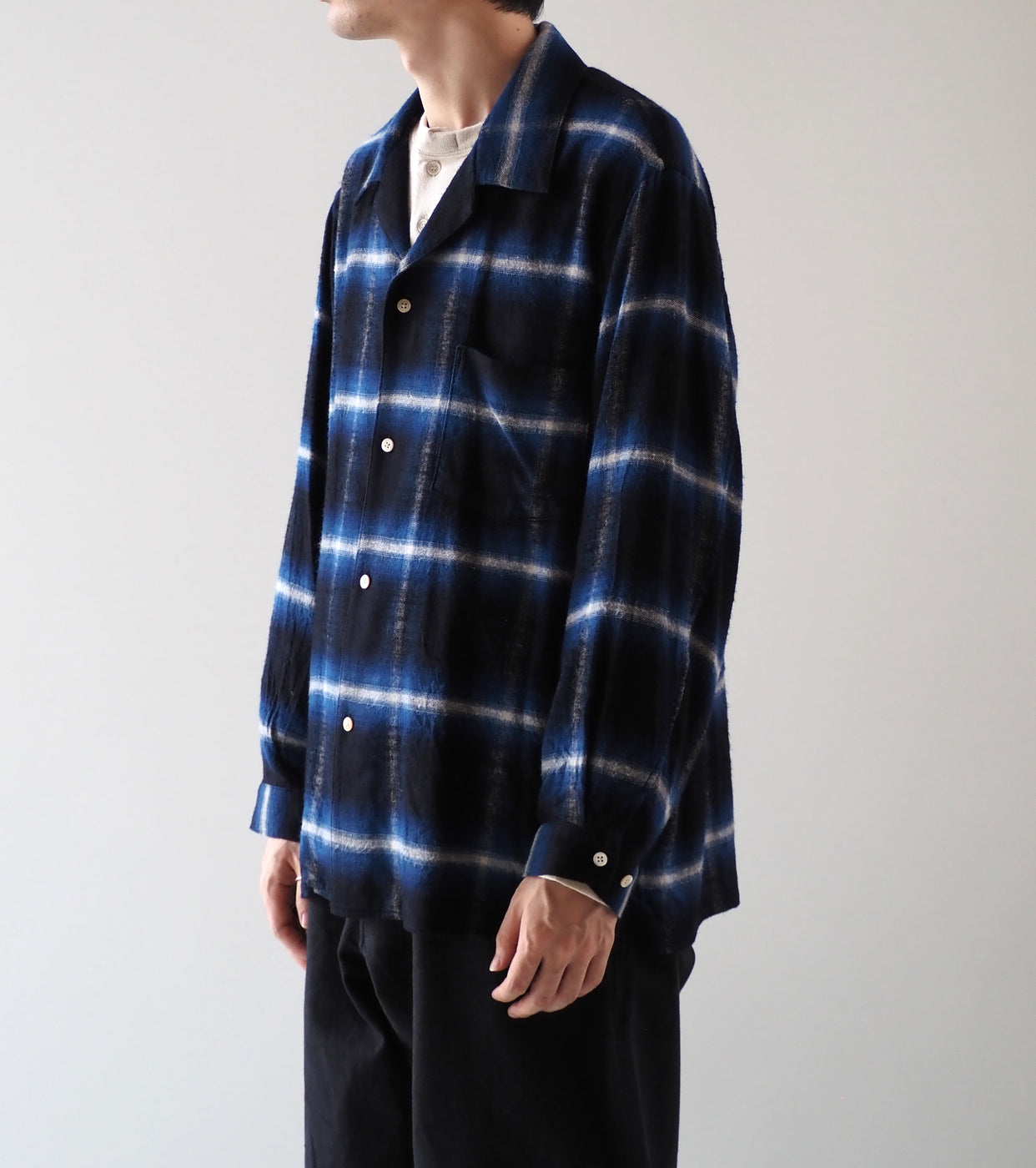blurhms Cotton Rayon Ombre Open-collar Shirt L/S, Dark Navy