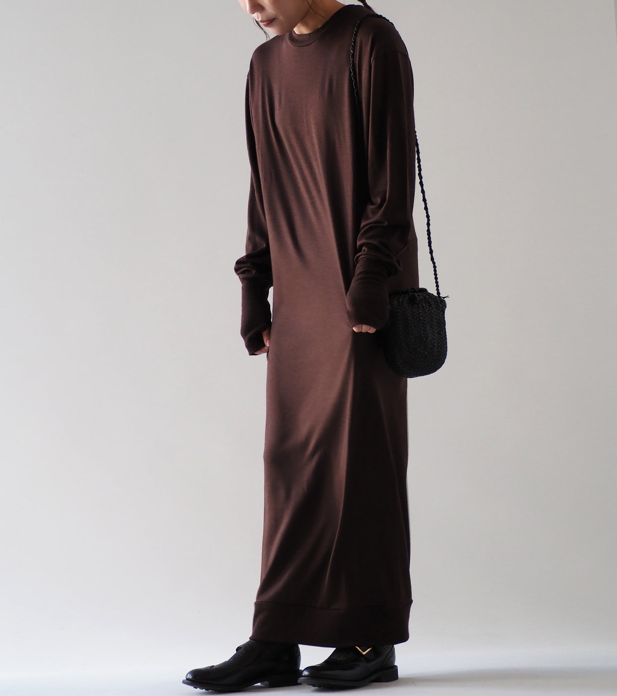 ALWEL WOOL JERSEY LONG SLEEVE DRESS , Dark Brown