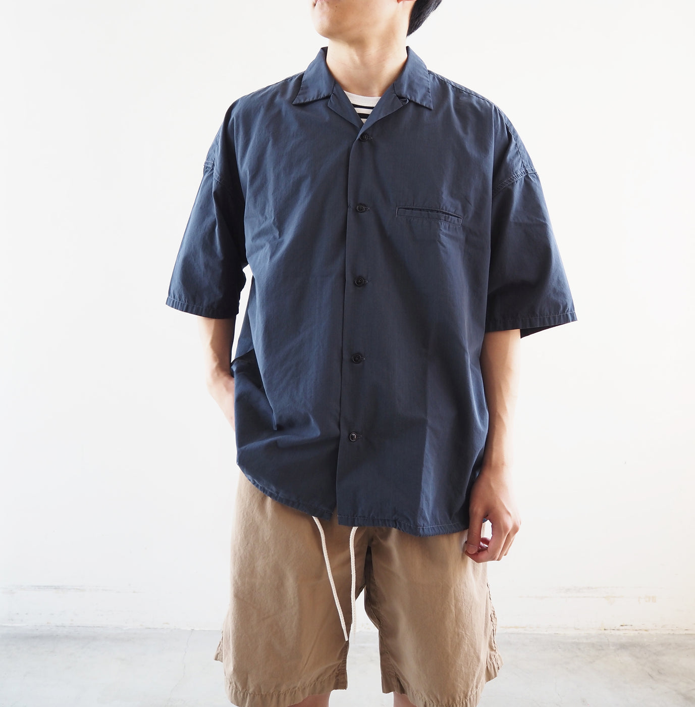 Open collar wind half sleeve shirt, Marine Navy