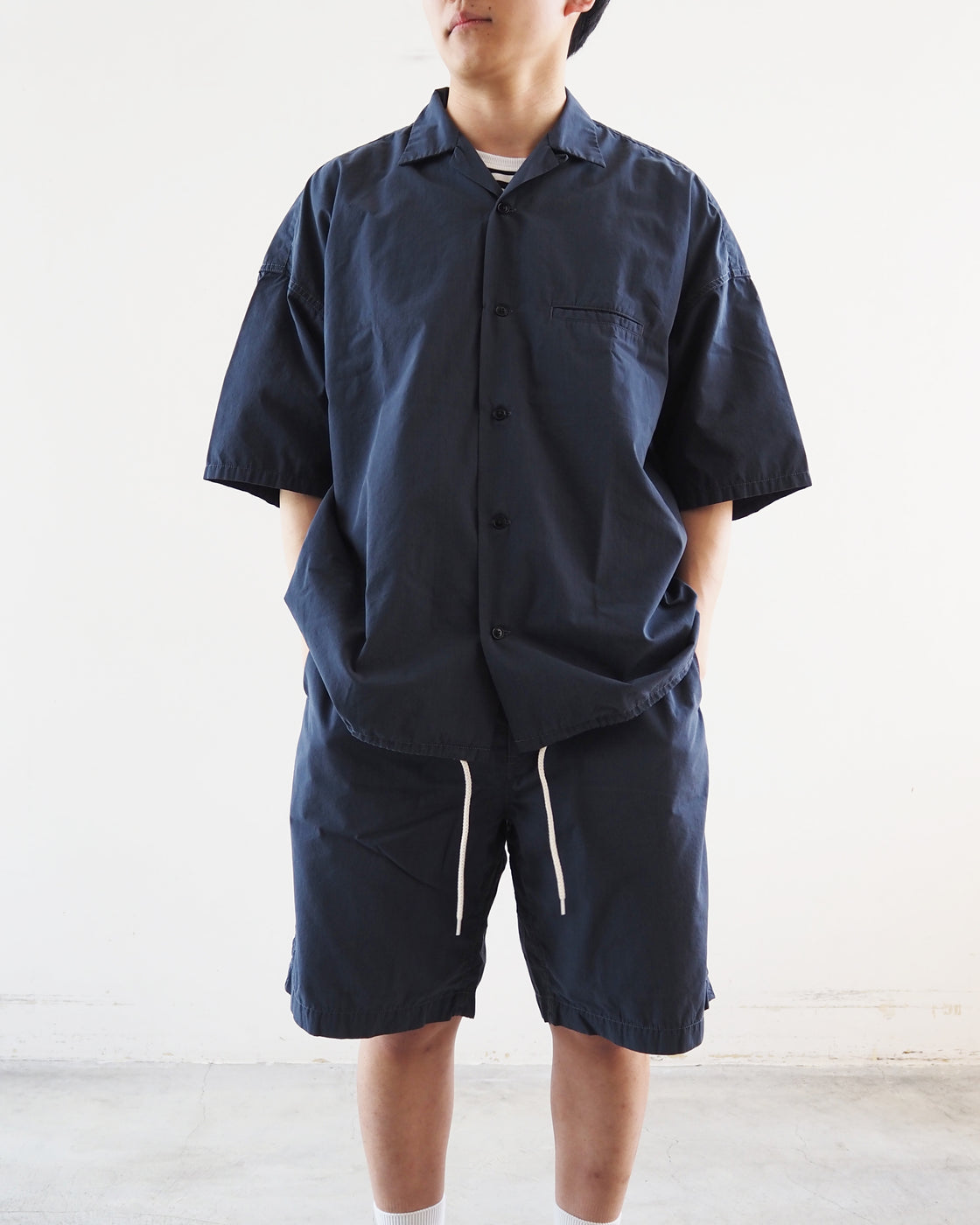 Open collar wind half sleeve shirt, Marine Navy