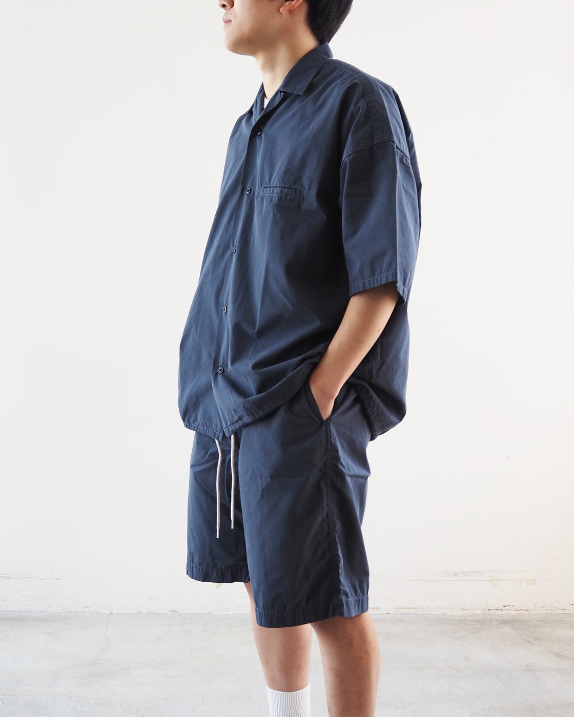 Open collar wind half sleeve shirt, Marine Navy