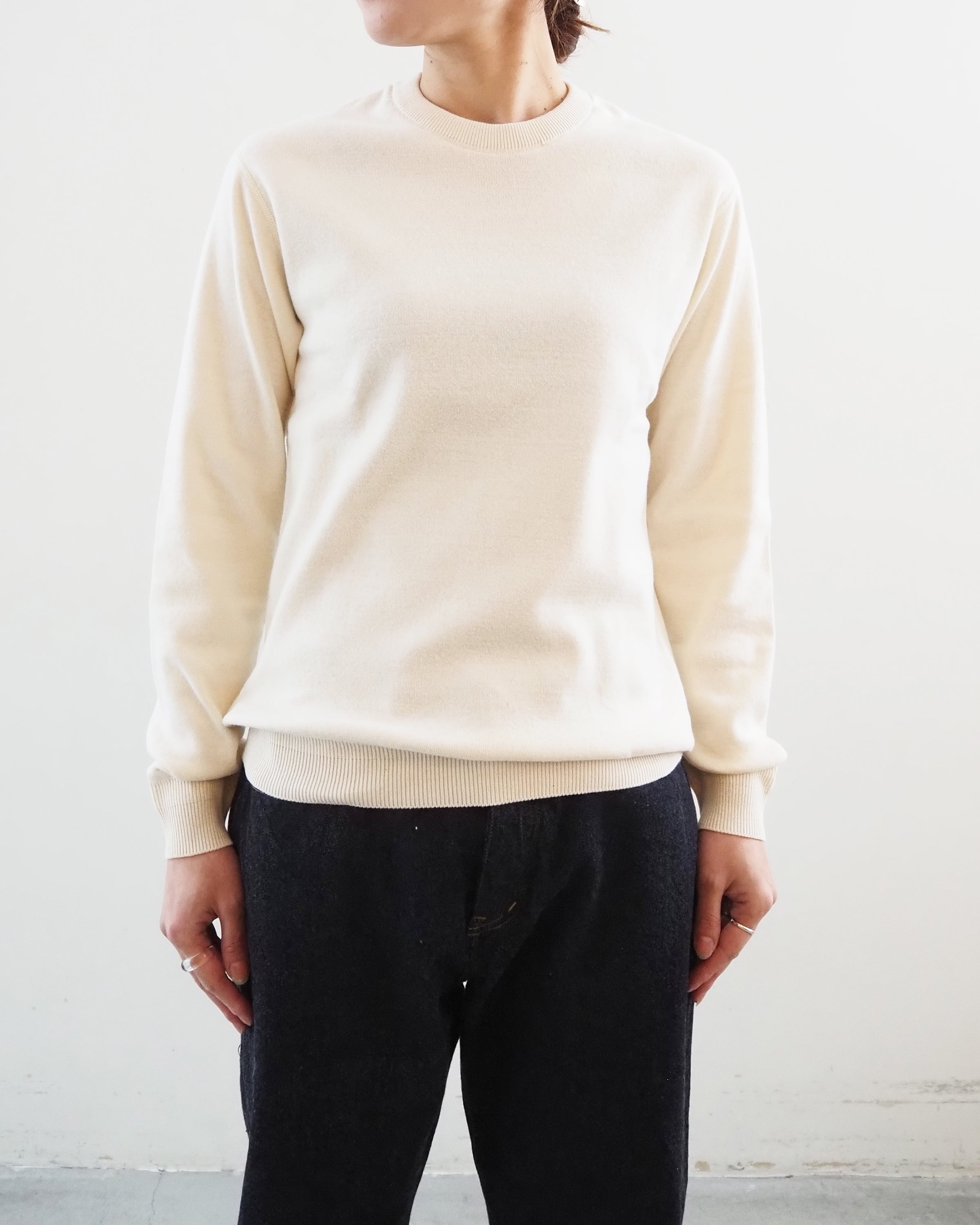 Cotton Ribbed Crew Neck Ribbed Hem Long Sleeve, Natural