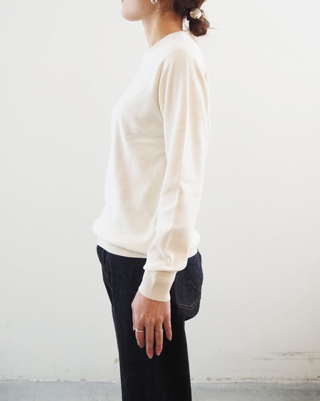 Cotton Ribbed Crew Neck Ribbed Hem Long Sleeve, Natural