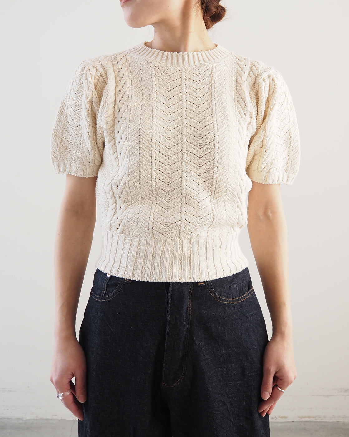 open work cable-knit cotton sweater, Milk
