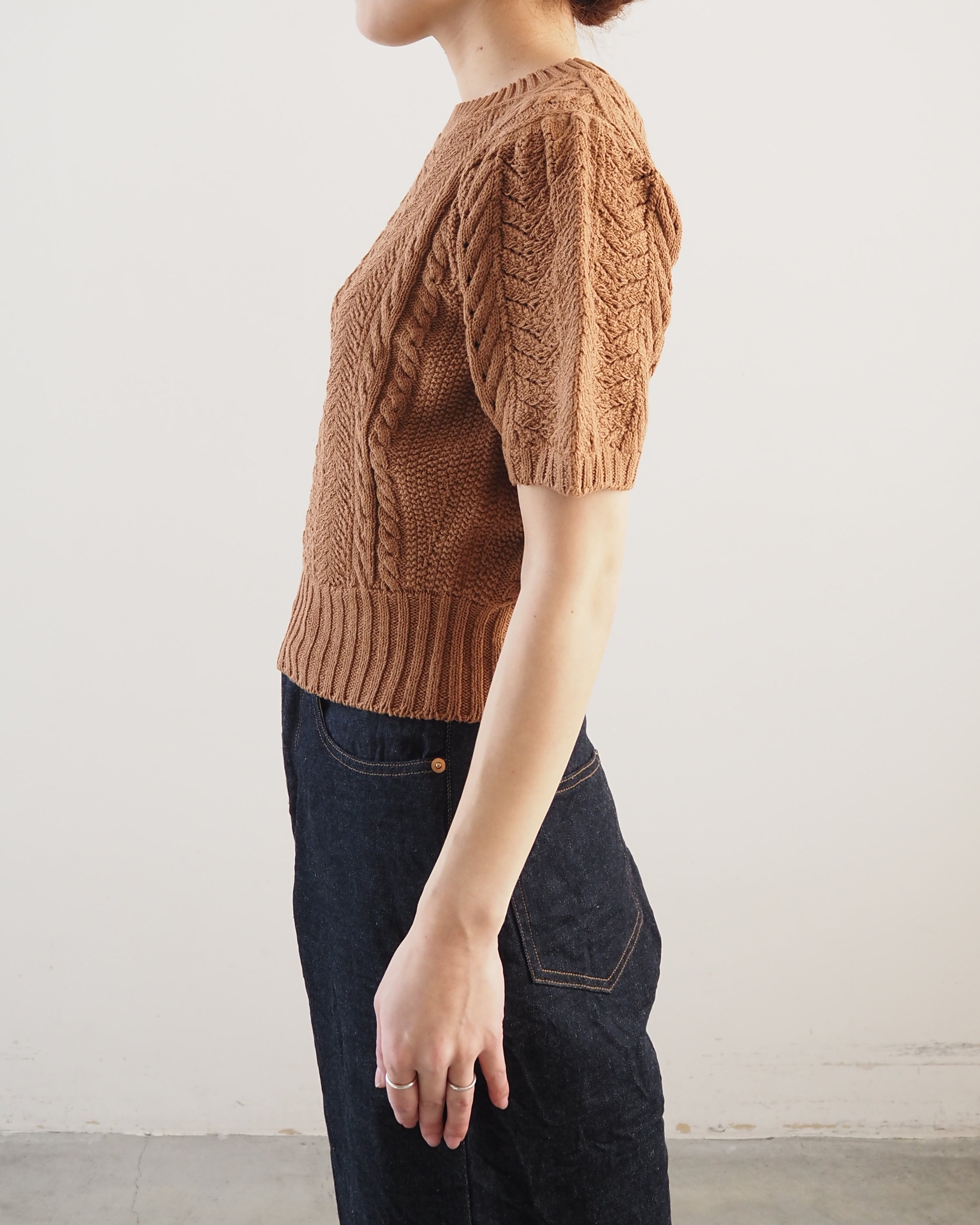 open work cable-knit cotton sweater, Camel