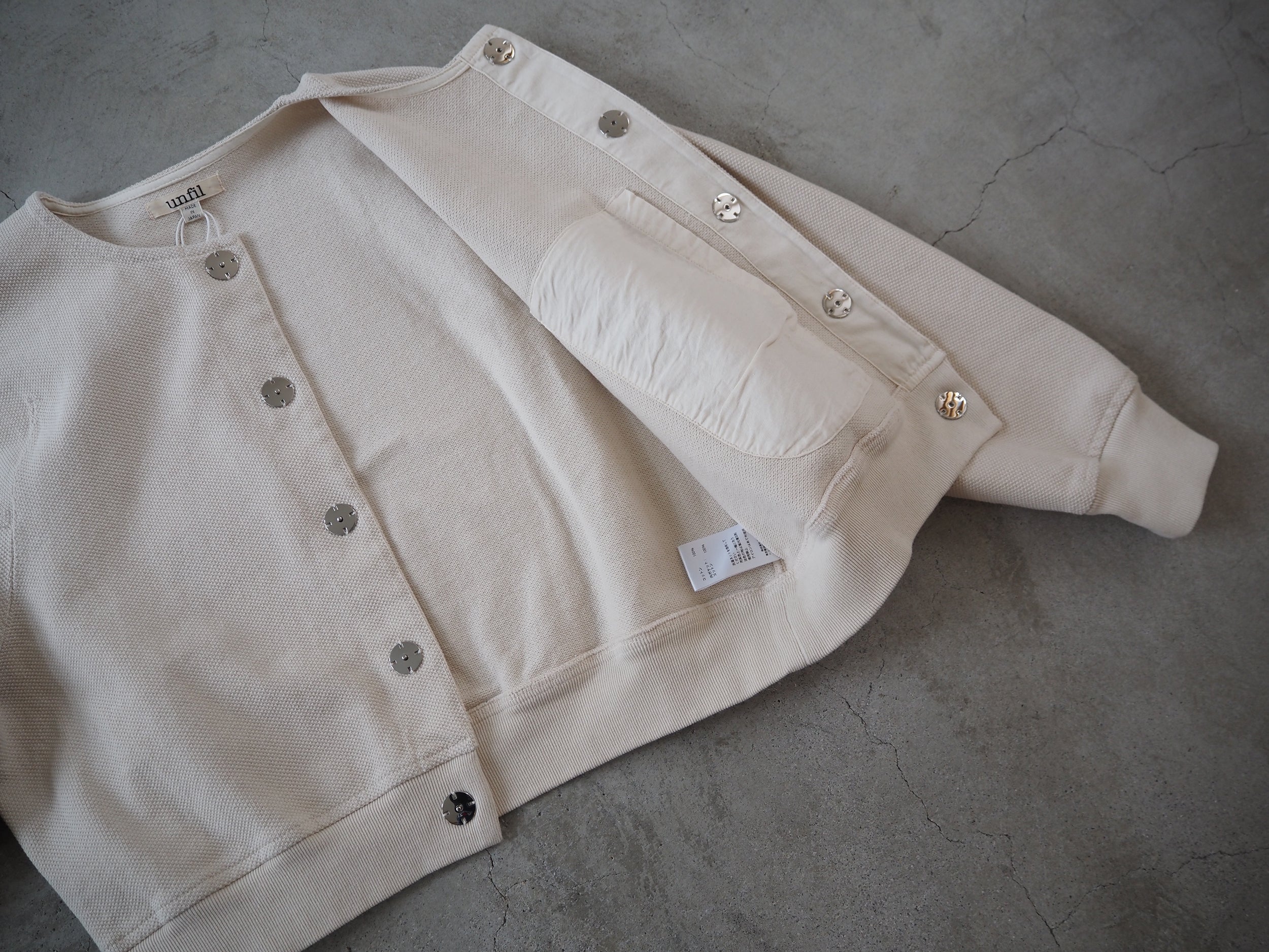 Unfil スーパーヘビー コットン ピケ  クロップド カーディガン, Light Beige